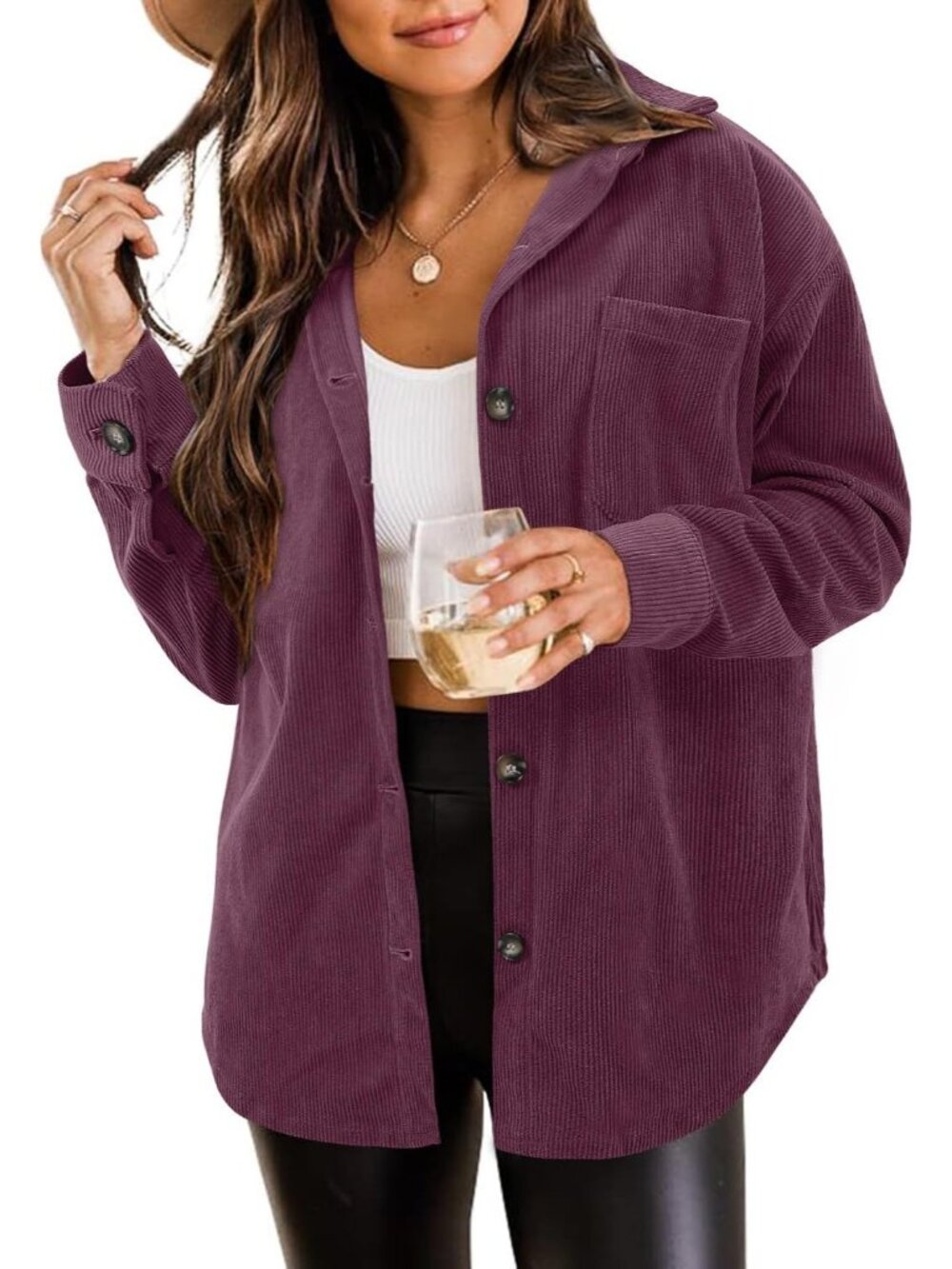 Women's Purple Oversized Corduroy Long Sleeve Button-down Utility Shacket Jacket